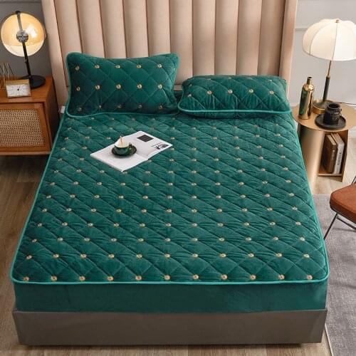 Embroidery Coral Fleece Mattress Protector Fitted Sheet Style Cover for Mattress Solid Color Quilted Thick Soft Pad for Bed