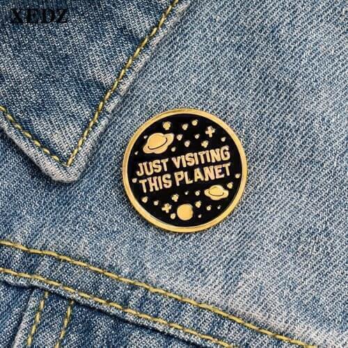 XEDZ space adventure badge visit planet enamel pin travel alien planet special punk clothes lapel button brooch gift for childre