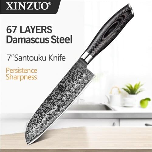 XINZUO 7"inch Japanese Chefs Knife 67 layer High Carbon Damascus Steel Kitchen Knives with Pakka Wood Handle Meat Santoku Knife