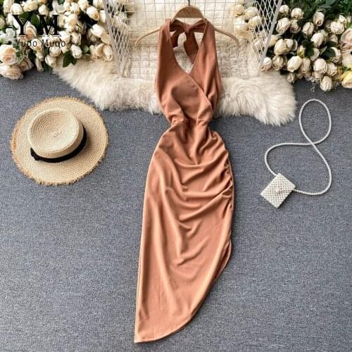 YuooMuoo Sexy Package Hips Club Dress Women Backless Halter Irregular Bodycon Dress Ins Fashion Lady Summer Dress Party Vestidos