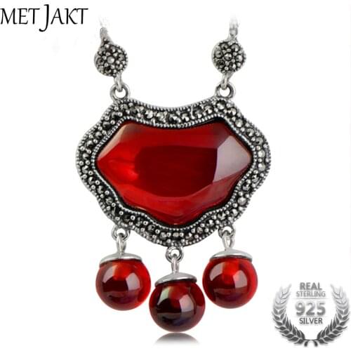 MetJakt Long Life Lock Garnet Pendant Insert Zircon 925 Sterling Silver Clavicular Chain Necklace Women Vintage Ethnic Jewelry
