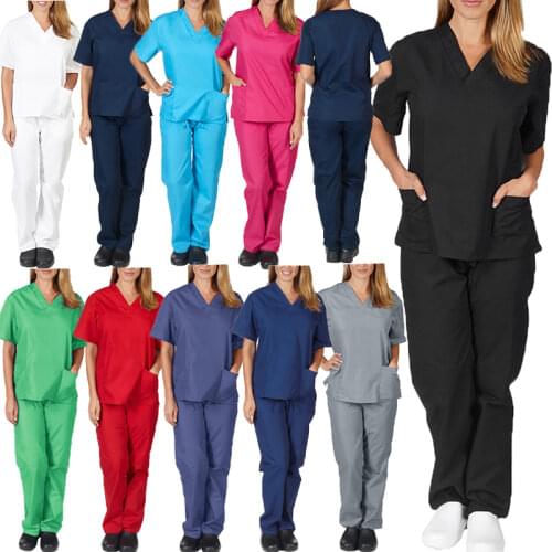 Scrubs Set for Women Nursing Uniforms Two Piece Shorts Sleeve Pocket Tops Loose Pants Beauty Salon Workwear Overalls Plus Size