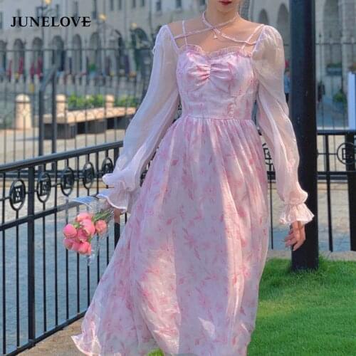 Floral Party Midi Dresses Women 2021 Pink Print Casual Elegant Vintage Summer Clothing Ruffle Sweet French Bohemian Beach Dress