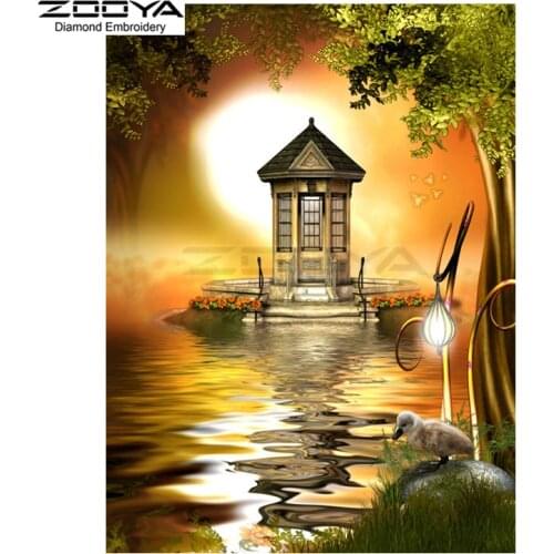 ZOOYA Diamond Embroidery DIY Diamond Painting Landscape Sunset Lake Tower Diamond Painting Cross Stitch Rhinestone Mosaic BJ1787