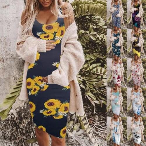 2021 Pregnant Dresses Maternity Clothes Womens Casual Round Neck Sleeveless Printing Maternity Long Skirt Vest Dress Nightdress