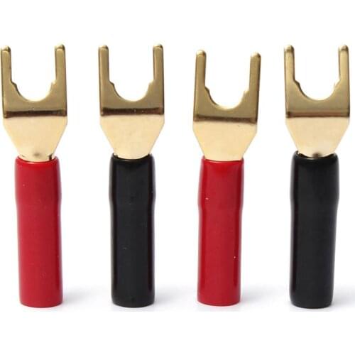 4Pcs Gold Plated Tuning Fork Banana Plug Y-style Spade Plug Solderless Speaker Cable Power Terminals Connectors set