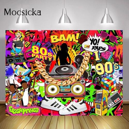80s 90s Party Backdrop Retro Hip Hop Graffiti Happy Birthday Background Fresh Prince Music Disco Personalized Portrait Decor