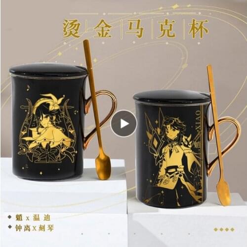 Anime Genshin Impact Paimon Xiao Keqing Zhongli Hu Tao Ceramic Coffee Water Mug Cup Gold Stamping Unisex Spoon + Cup + Lid