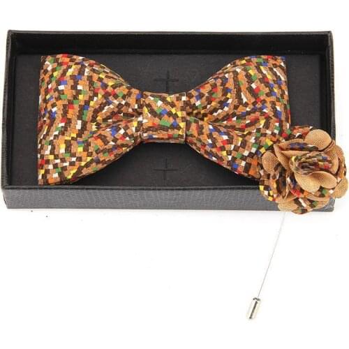 New arrival Brooch Wood Bowtie Sets Marriage Groom Cork Wooden Bow Tie Floral Bowknots Wedding Christmas Neck Ties for Men