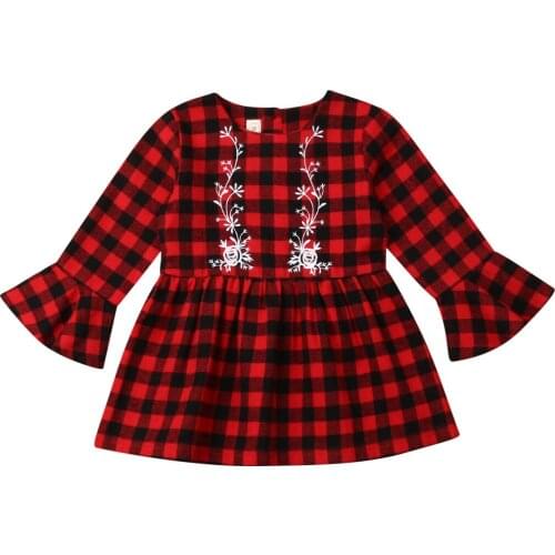 Baby Dress Christmas Toddler Kids Baby Girl Flare Long Sleeve Xmas Plaid Dress Casual Clothes