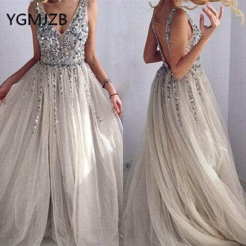 Backless Long Evening Dresses 2019 A-Line V-Neck Spaghetti Strap Sparkly Beaded Crystal Tulle Women Formal Prom Gown Party Dress