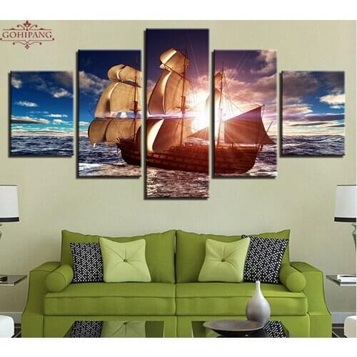Canvas Print Pictures Wall Art Framework 5 Pieces Sunshine Sailboat Painting Sailing Boat Seascape Poster Home Decor Living Room