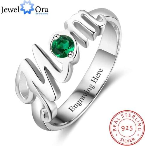 Word "Mom" Shape Personalized Gift For Mother Birthstone Rings For Women 925 Sterling Silver Jewelry (JewelOra RI103288)