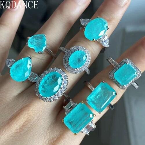 925 sterling silver big Blue stone Synthetic Diamond Gemstone Emerald cut Paraiba Tourmaline pariba Ring fine jewelry for women