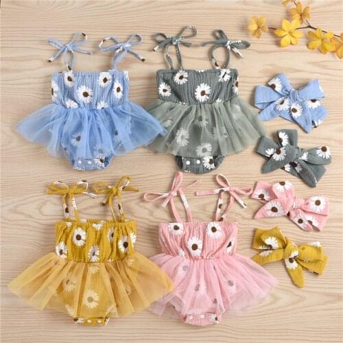 Summer Newborn Baby Girls Cotton Rompers Dress Mesh Splice Sleeveless Sling Jumpsuit Cute Lace Up Toddler Flower Romper Outfits