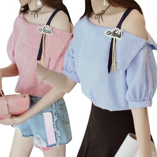 Summer Woman tshirts Cusual Striped Tees Tops Women Half Sleeve One Shoulder Crop Top Tshirt femme t-shirts mujer camisetas