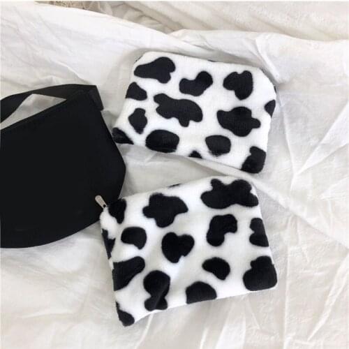 Cute Cow Print Fur Coin Purses Womens Wallet Adult Kids Cartoon Coin Pouch Smal Zipper Clutch Wallet Purse Coin Holder