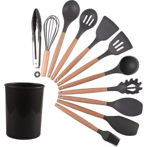 12pcs Kitchen Utensil Set High Quality Silicone Cooking Tools Set Household Wooden Handle Turner Cooking Various Kitchenware Set