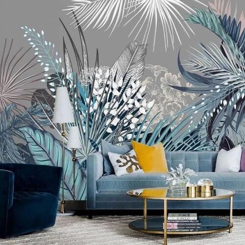 Custom 3D Wall Mural Nordic INS Hand-painted Retro Tropical Plant Palm Leaf Southeast Asian Indoor Background Wall Paper Fresco