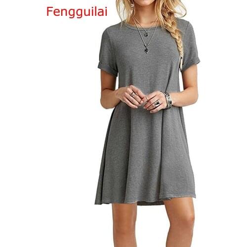Autumn Womens Long Sleeve Dress Large Size S-2XL Solid Color Dress Round Neck Short Sleeve Loose Slim Commuter Casual