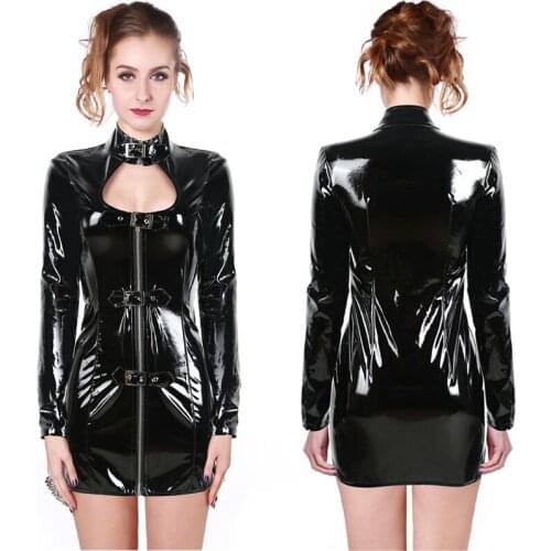 Hot Buckle PVC Dress Shiny Women Gothic Long Sleeve Mini Dresses Zip Up Bodycon High Collar Open Bust Wetlook Clubwear Costume