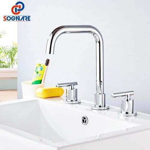 SOGNARE Contemporary Chrome Brass Basin Faucet for Bathroom Sink Faucet Cold Hot Water Tap Basin Mixer 3 Hole Double Handle Taps