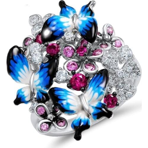 Stylish Butterfly Silver Zircon Rings for Women Blue Enamel Micro Paved Shining CZ Temperament Fashionable Wedding Bridal Ring