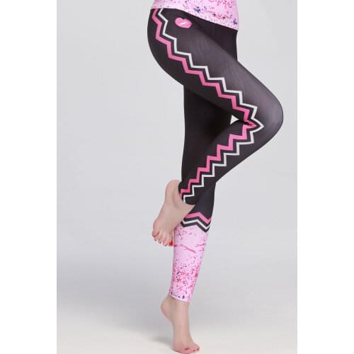 UPF 50+ Womens Leggings - Sun Protective Black with Pink Pattern Printed Running Tights