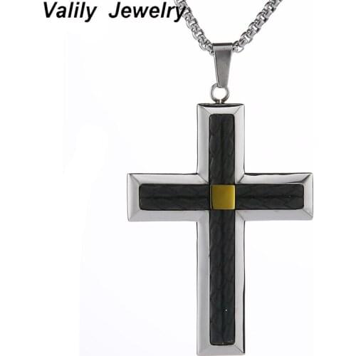 Valily Jewelry Mens PU Leather Cross Pendant Necklace stainless steel crucifix Punk Necklace Jewelry Christmas party gift