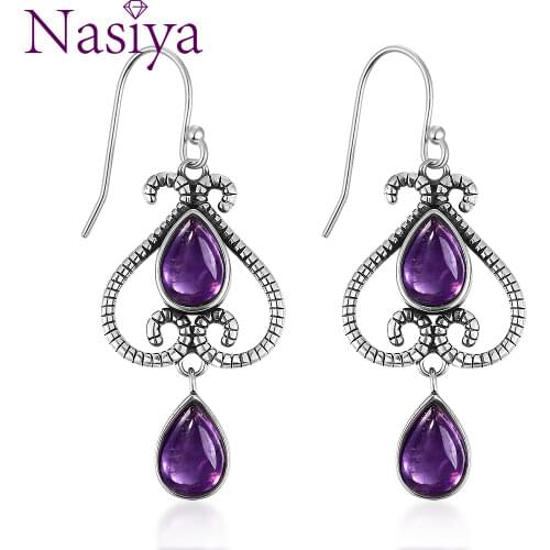 Jewelry S925 Sterling Silver Earrings Fashion Ethnic Pear Shape 6X9MM Natural Amethyst Earrings Wedding Party Wholesale
