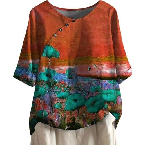 Summer new 2021 7-sleeve T-Shirt Large Size relaxed relaxed retro national style round neck button panel womens top топик женск