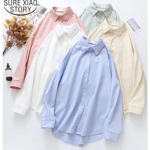 Fashion Ladies Tops Korean Cotton Blouse Women Shirt Spring New Solid Loose Long Sleeve Shirts Turn Down Collar Blouses 13149
