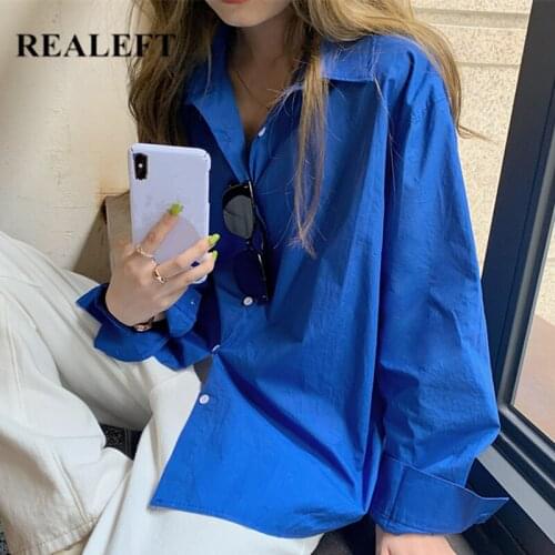 REALEFT 2021 Fashion Oversized Casual Shirts for Women Autumn Turndown Collar Solid Colot Long Sleeve Loose Ladies Blouse Female