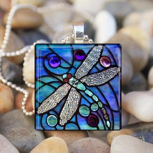 Vintage Boho Dragonfly Pendant Necklace Gothic Geometric Square Glass Enamel Necklaces for Women Silver Color Chain Jewelry Gift
