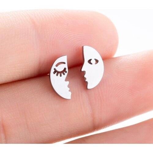 Stainless Steel Black Color Moon Eye Earrings for Women Asymmetry Fashion Valentine Crescent Jewelry Boho Minimalist Face Studs