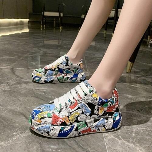 Graffiti Platform Shoes Womens White Shoes Spring Platform Fashion Sports Platform Shoes Casual Increase Womens Shoes Sneakers