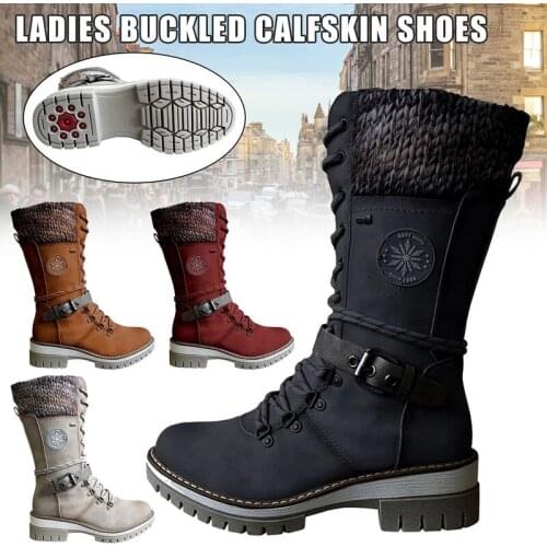 Ladies Buckle Lace Knitted Mid-Calf Boots Low Heel Round Toe Boots Fashion Boots All-Match