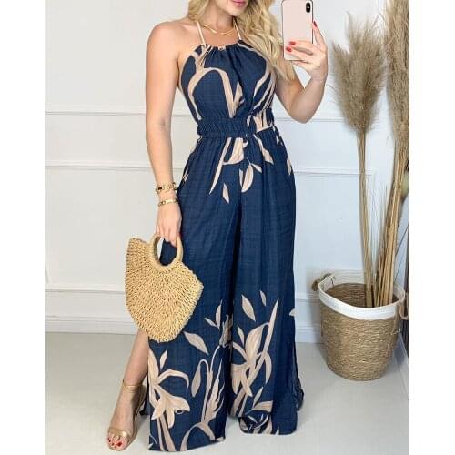 Women Sexy Jumpsuit Women Halter Jumpsuits Elegant Print Wide Leg Beach Overalls Summer Casual Sleeveless Rompers