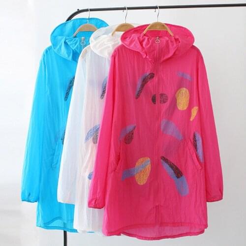 2020 Fashion summer women hooded sun protection clothing print thin shirt coat plus size Anti-UV zipper lady Blouse tops 3346