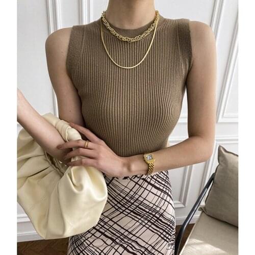 2021 Summer Sexy Sleeveless Women Rib Knitted Tank Tops Spring O Neck Pure Color Slim Camisole Vest Female Bottomed T-Shirt