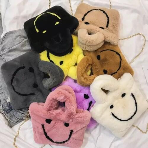 2021 Fluffy Rabbit Fur Smile Bag Handbags For Women Cute Girls Plush Fur Smiley Love Handbags Bag Female Party Girlfriend Gift