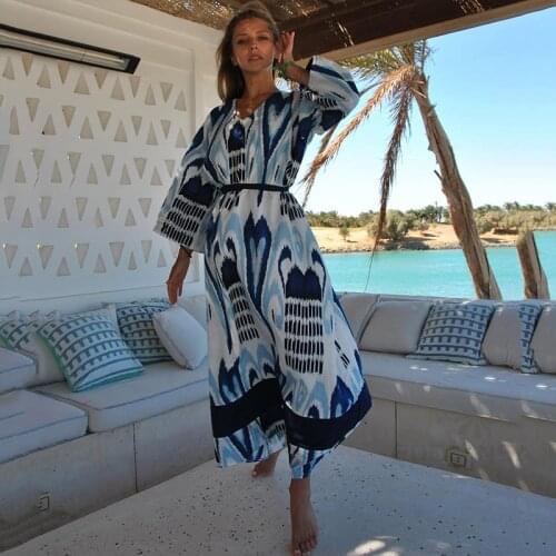 2021 Bikini Cover-up Elegant V-neck 3/4 Sleeve Self Belted Women Clothing Summer Dress Tunic Beach Wear Swim Suit Cover Up Q1345