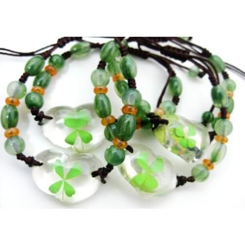 FREE SHIPPING 5 PCS real four leaf clover Specimens heart shape shamrock Bracelets