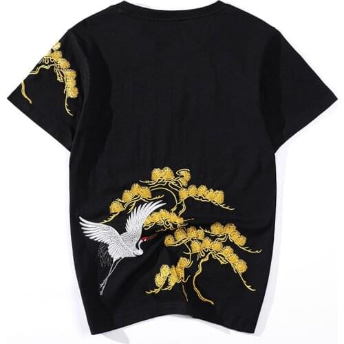 Brand Streetwear T Shirt Crane Embroidery Mens Harajuku T-Shirt Summer Thin Hip Hop Tshirt Cotton Short Sleeve Tops Black 4XL