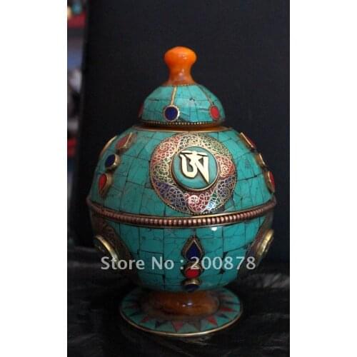 HDC0696 Tibetan family decor arts,brass silk capped turquoise coral vase,Tibet collectibles,180*120mm,EMS free