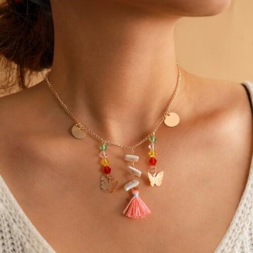 HuaTang Crystal Bead Butterfly Pendant Necklace for Women Gold Sequin Tassel Charms Clavicle Chains Female Jewelry on the Neck