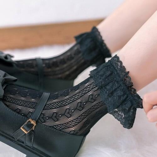 Lace Ruffle Lolita Socks Love Heart/ Rose Flower Pattern Princess Sock Black White Breathable Maid Cosplay Socks Women Soxs New