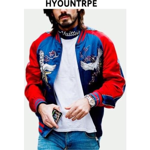 Vintage Embroidery Jacket Coat Autumn Winter High Street Satin Zipper Bomber Jacket Mens Casual Baseball Jackets Sukajan 2018