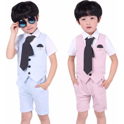 4 pcs Toddler Boy Summer Wedding Cotton Kids Vest Short Set Page boy Suits, Waistcoat Suits