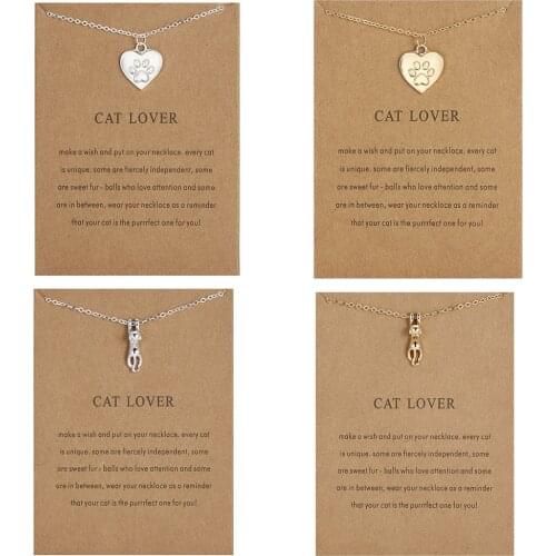 Cat Lover Necklace for Women Men Heart Cat Dog Paw Necklaces with Card Gold Silver Color Animal Jewelry Gifts
